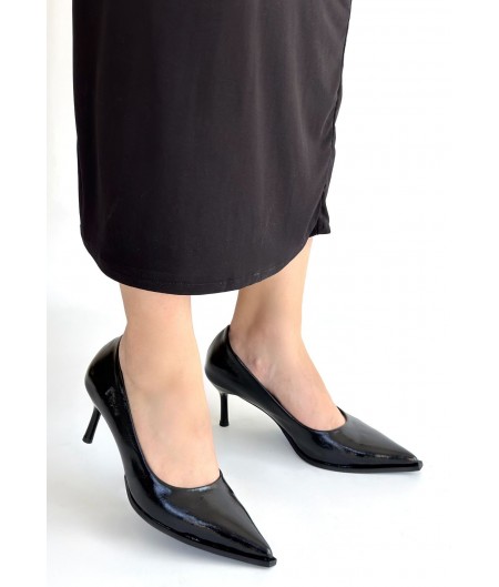 Gute Parlak Siyah Cilt Topuklu Ayakkabı