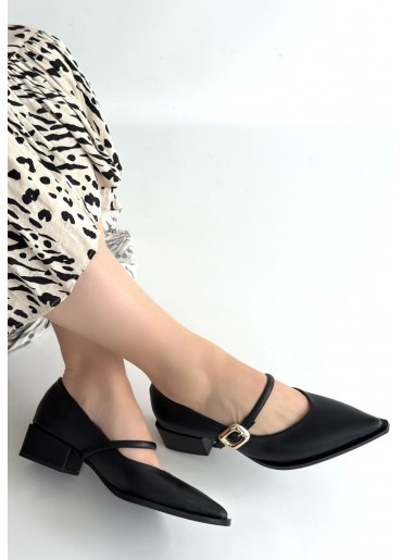 Galye Siyah Cilt Topuklu Ayakkabı