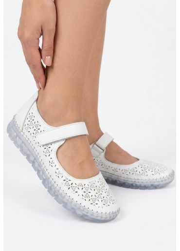 Sina Beyaz Deri Cırt Cırtlı Babet Ayakkabı