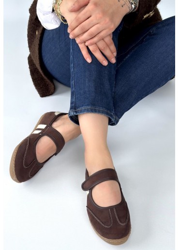 Menja Kahverengi Süet Cırt Cırtlı Babet Ayakkabı