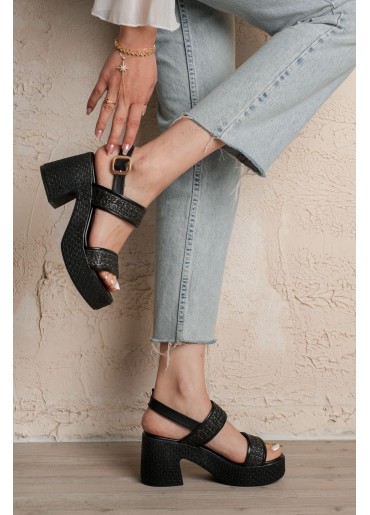 Wowi Siyah Cilt Baskılı Topuklu Sandalet