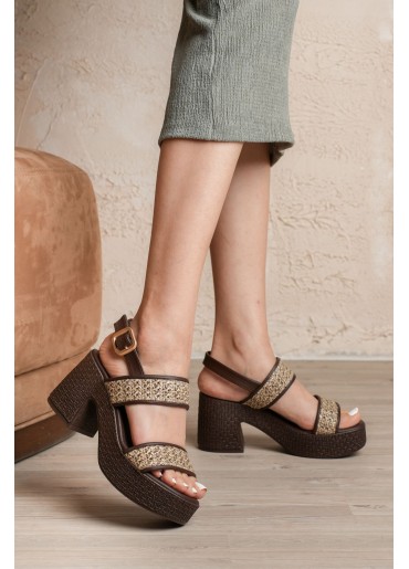 Wowi Kahverengi Cilt Baskılı Topuklu Sandalet