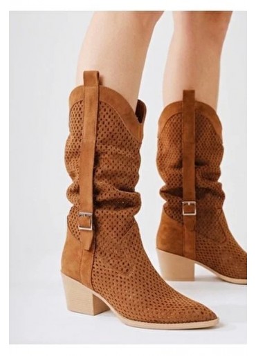Meria Taba Süet Lazer Kesim Kovboy Topuklu Çizme