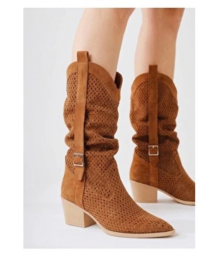 Meria Taba Süet Lazer Kesim Kovboy Topuklu Çizme