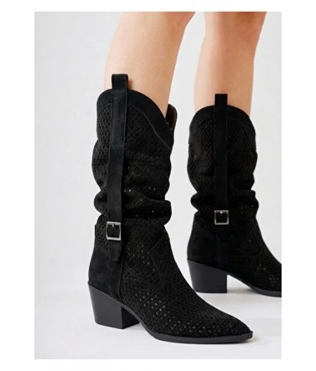 Meria Siyah Süet Lazer Kesim Kovboy Topuklu Çizme