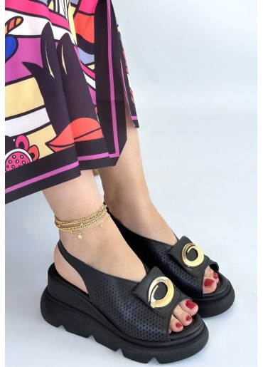 Gwon Siyah Cilt Dolgu Topuk Sandalet